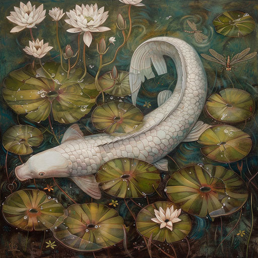 Intimate moment: white sturgeon among water lilies, tranquil pond