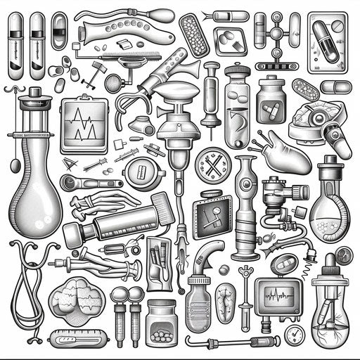 Complex artistic illustration of medical symbols and equipment