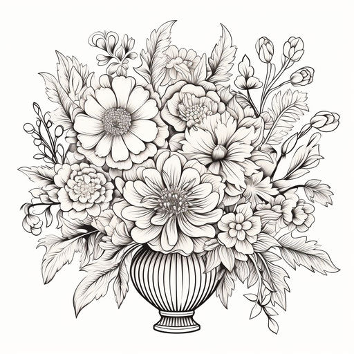 Flowers in a vase coloring page: realistic yet ethereal botanical abundance