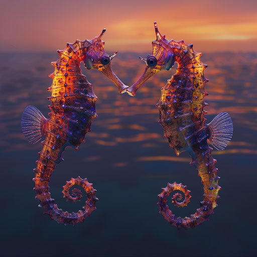 Seahorses at sunset, vibrant colors and striking contrast