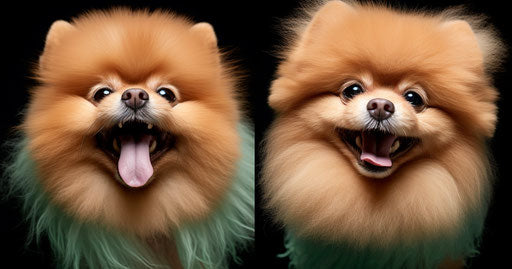 Pomeranian dogs in rounded light maroon and green style