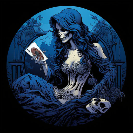 Black and white playing cards with skull and woman