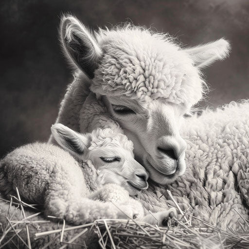 A mother alpaca watching over her sleeping cria