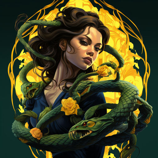 Portrait of a girl holding a snake and a rose