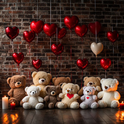 Colorful teddy bears under heart-shaped balloons