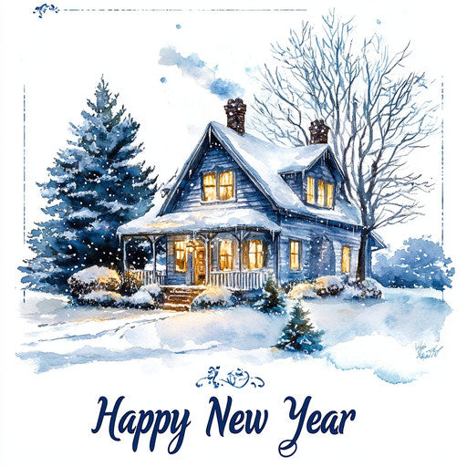 Watercolor painting of a beautiful old rustic farmhouse in winter