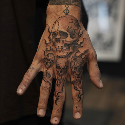 Men's hand tattoo with gothic skulls and flames