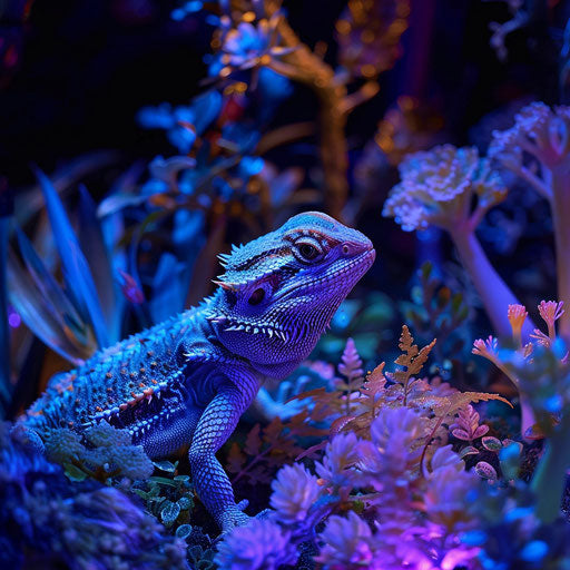 Bearded dragon surrounded by glowing plants
