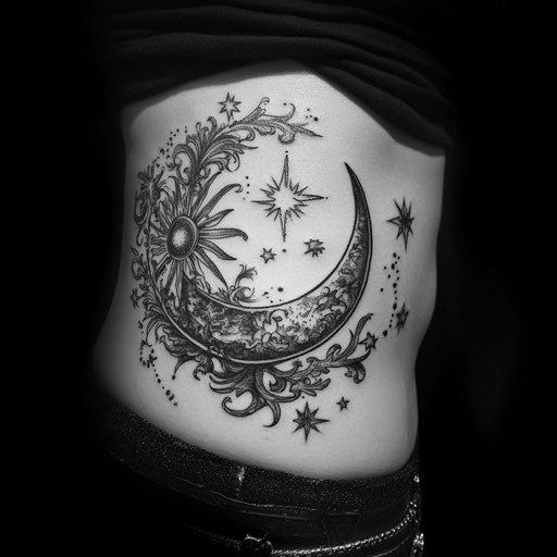 Side tattoos for women with a celestial sun and moon surrounded by stars