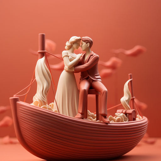 Two figurines kissing on a boat