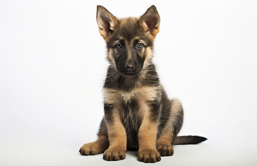 German shepherd puppy on white background, playful and ironic