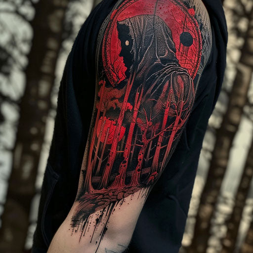Red tattoos with dark fantasy, in the style of David Palumbo