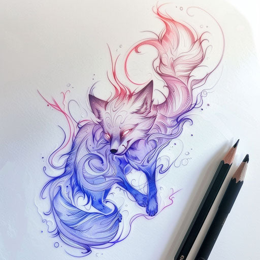 Ethereal flat tattoo sketch of kitsune, translucent effects