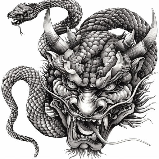 Fierce oni head with coiled snake, detailed blackwork style
