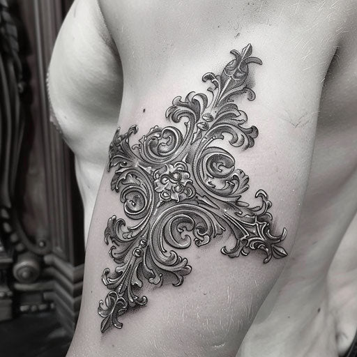 Strength cross tattoo with baroque flourishes and intricate scrollwork