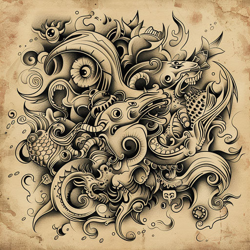 Flat tattoo sketch of vintage chaotic motifs in sepia tones