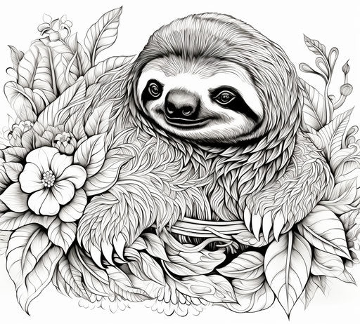 Adult coloring page with a sloth, detailed ornamental style