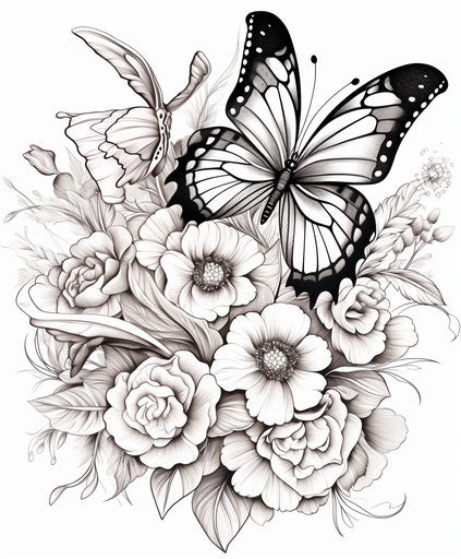 Butterfly coloring page in a bouquet, delicate flora style, realistic yet stylized 5:6