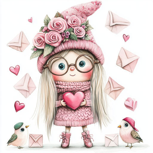 Adorable pink gnome girl with heart and roses, surrounded by love letters and birds