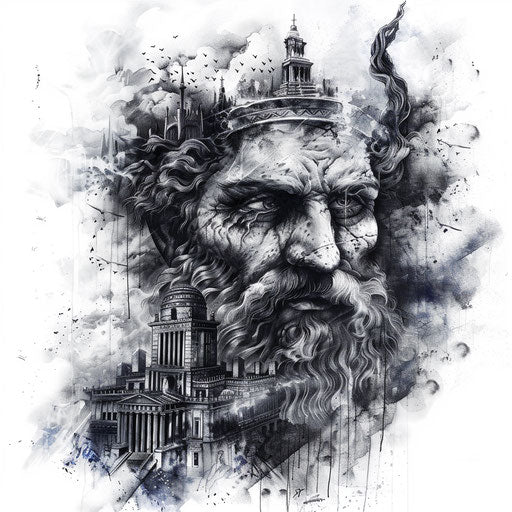 Gothic style tattoo of Zeus with Gothic architecture
