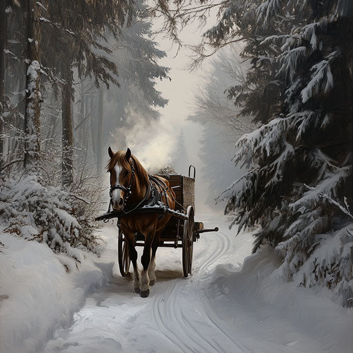 Nostalgic ride with horse pulling wooden cart in snow
