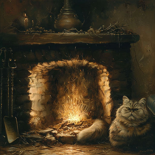 Chubby cat in front of a fire in a fireplace