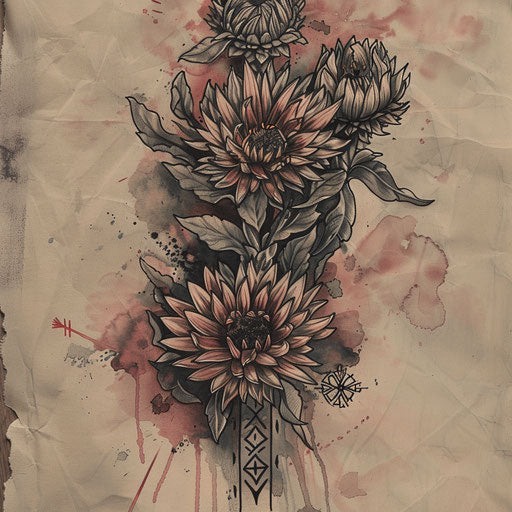 Nordic style tattoo sketch of an aster flower with rune symbols and dark, muted colors