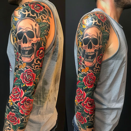 Half sleeve tattoo for men in the style of Ed Hardy with roses and skulls