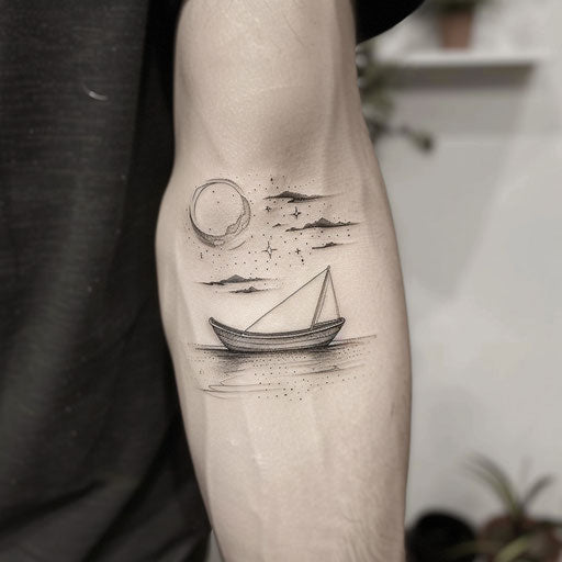 Subtle flat tattoo sketch of a boat drifting on calm, starlit waters