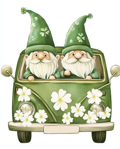 St. Patrick's Day gnomes driving a green van with white flowers