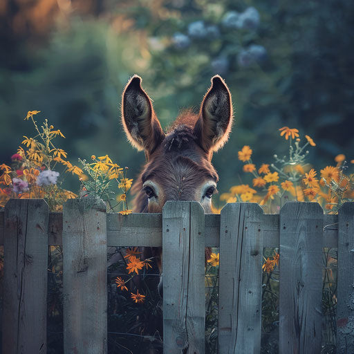 Donkey peering over a wooden fence with flowers