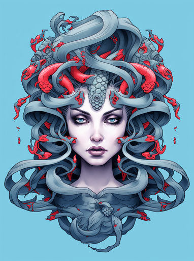 Two medusa tattoos on the head, in colored cartoon style