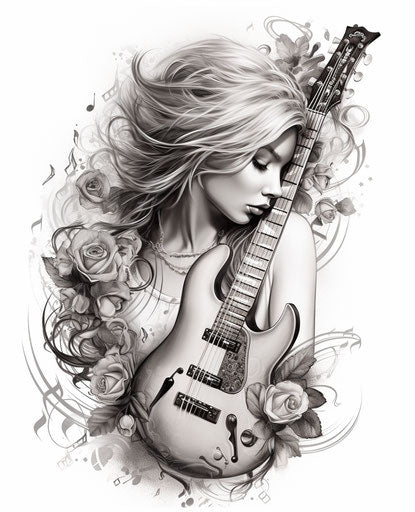 Tattoo, music, guitar, love, naive drawing style, light academia