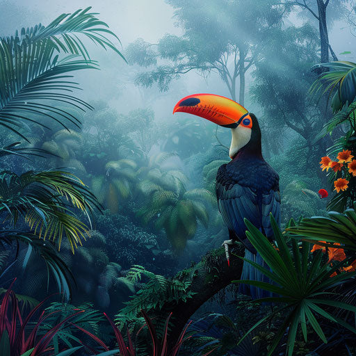 Vibrant-plumed toucan in misty jungle