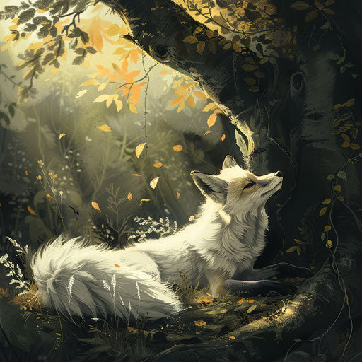 White fox resting in the shade of an ancient tree, the sun filtering