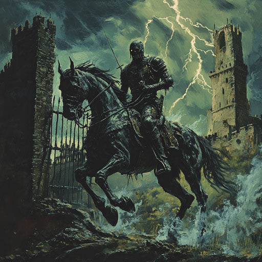 Headless horseman and skeletal horse storm old castle gates