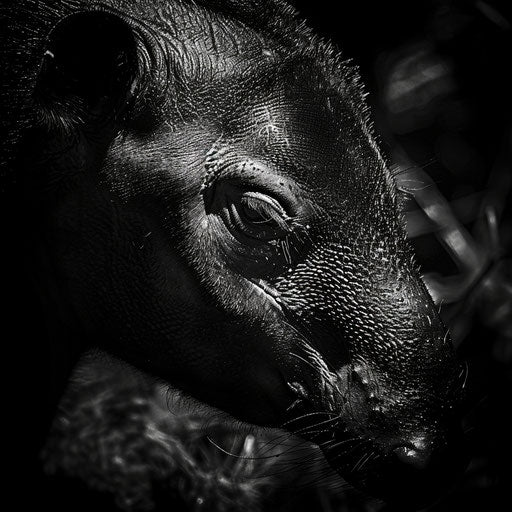 Tapir in black and white, intense and dramatic, in the style of Laurent Baheux