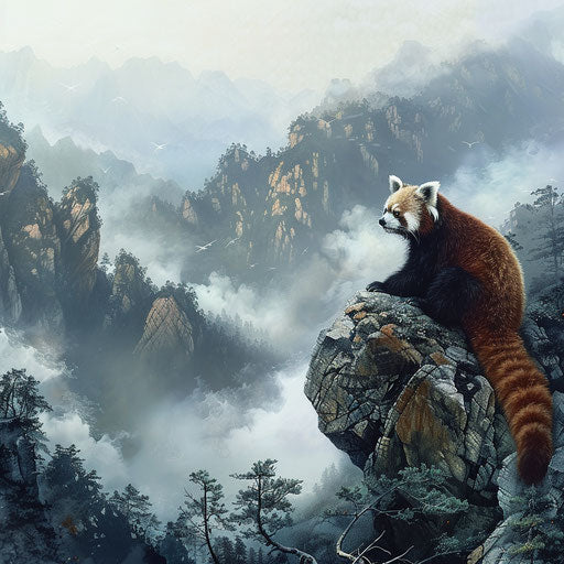 Red panda on rocky outcrop overlooking misty valley