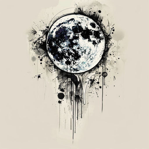 Artistic full moon with abstract paint splashes and brush strokes