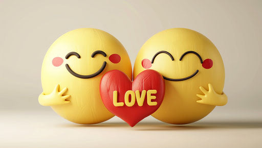 Two cute happy emoji holding a red heart with the word "LOVE"