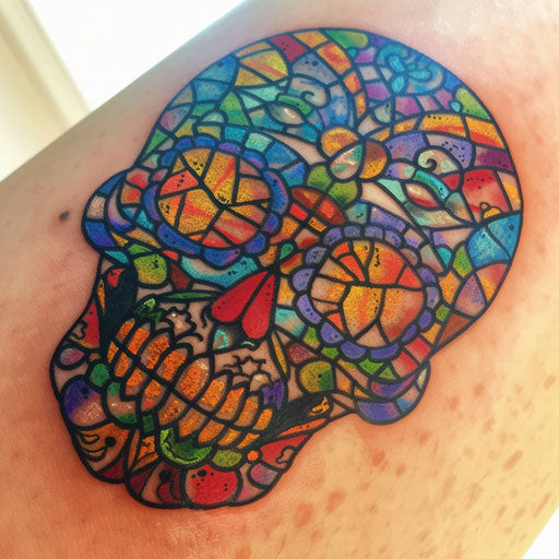 Sugar skull with vibrant stained glass mosaic