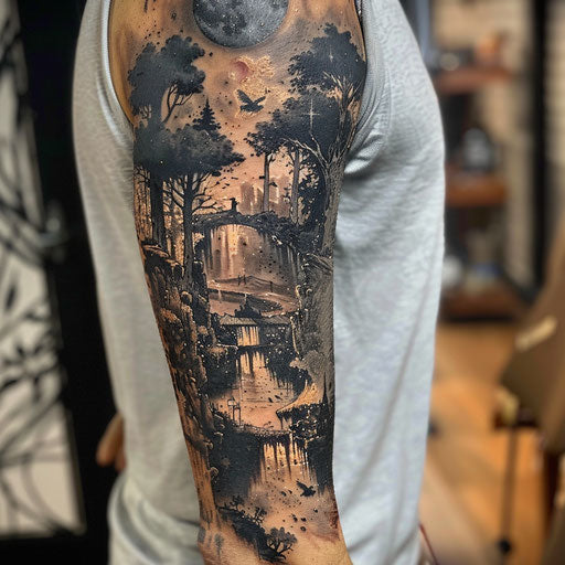 Arm tattoo with dark surreal landscapes