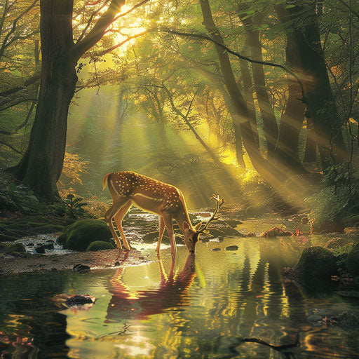 Deer drinking from clear stream in serene forest