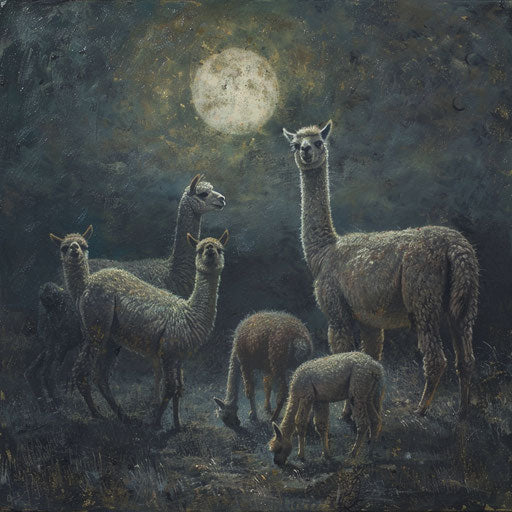 Alpacas under the soft light of the moon in a nocturnal landscape