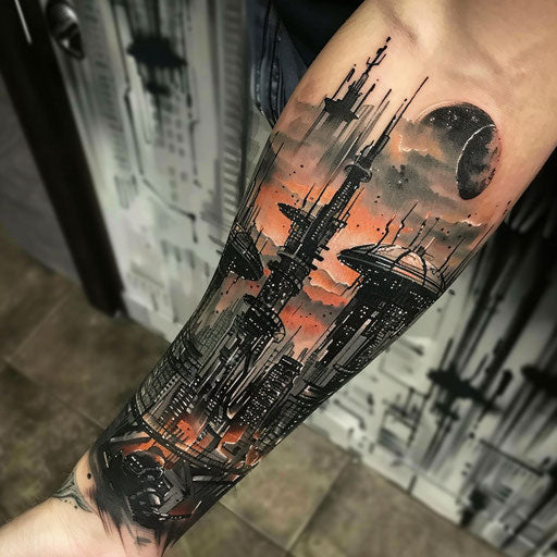 Forearm tattoo with futuristic cityscape view