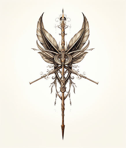 Bow and arrow with feathers, subtle symmetry, goosepunk ink