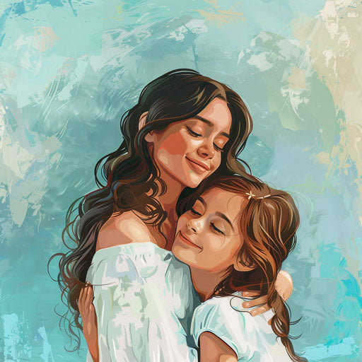 Realistic depiction of mother and daughter on serene backdrop