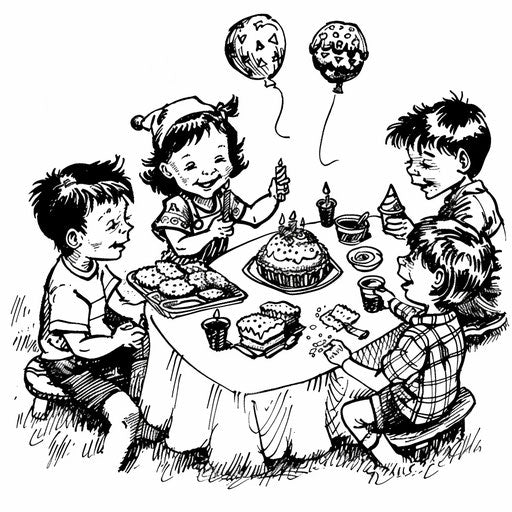Children's birthday party potluck in black and white with games and treats