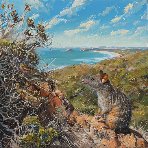An antechinus in a coastal scrubland, with the ocean shimmering in the background.