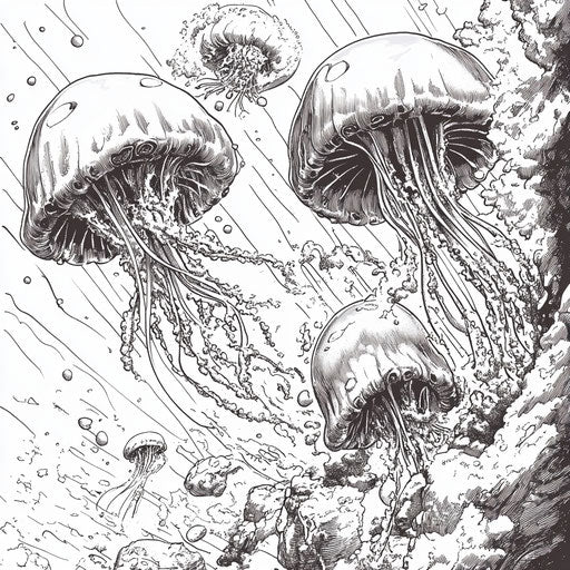 Jellyfish in action, Mike Zeck style, coloring book page